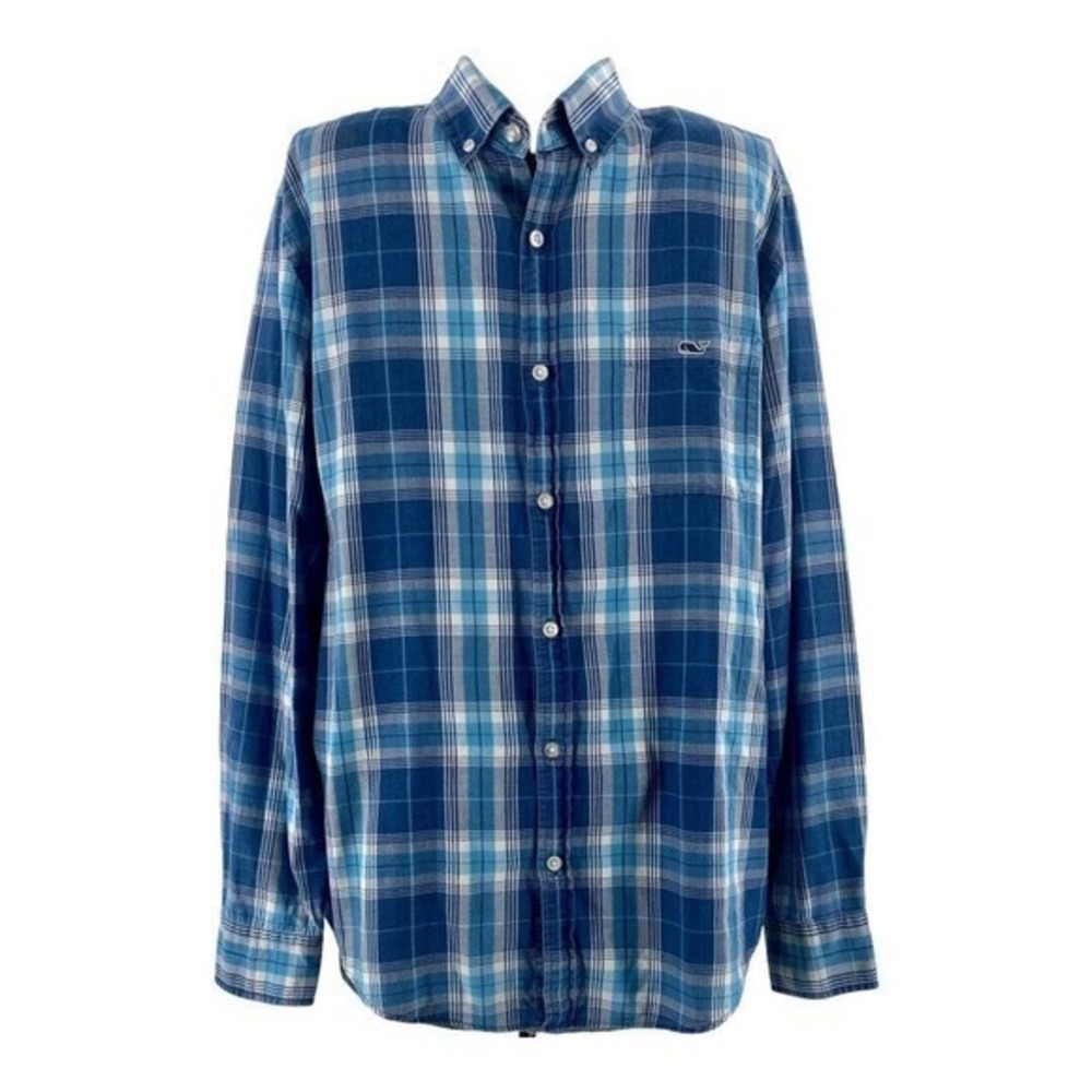 Vineyard Vines Slim Fit Tucker Shirt Blue Plaid Whale Cotton Blend Mens Large